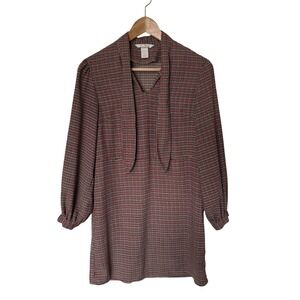 H&M Plaid Bow Neck Long Sleeve‎ Mini Dress Women's XS